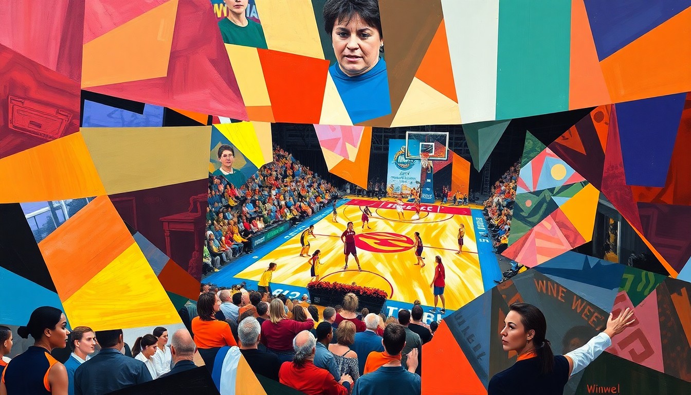 A fractured, cubist-style painting depicting a WNBA basketball game in motion, with sharp geometric shapes and planes of color representing the fast-paced action and strategic maneuvering of the players on the court.