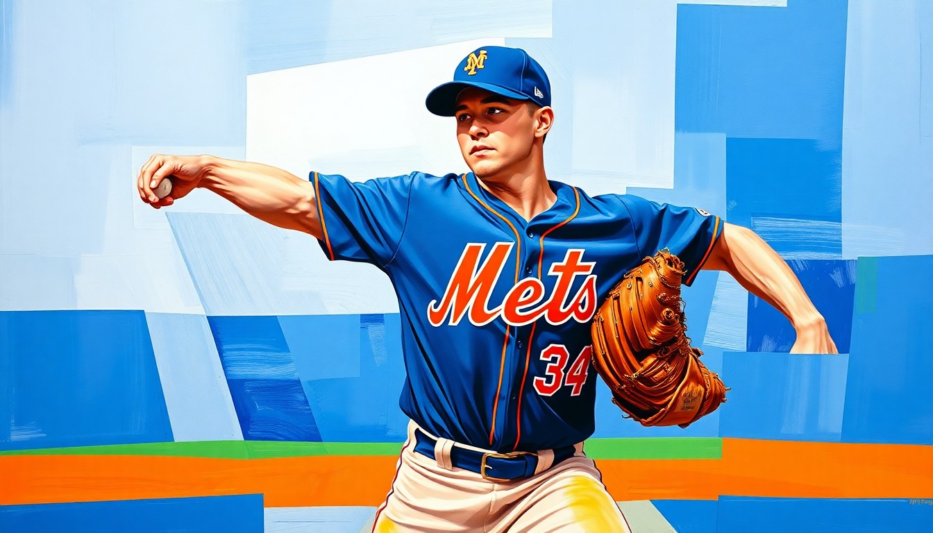 A fragmented, cubist-style painting depicting a Mets relief pitcher in action, with sharp geometric shapes and planes of the team's blue and orange colors capturing the dynamic motion and energy of the game.