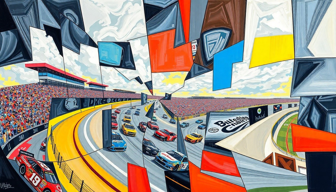 A fractured, geometric painting depicting a NASCAR race at Bristol Motor Speedway, with sharp, overlapping planes capturing the dynamic motion and intensity of the event.