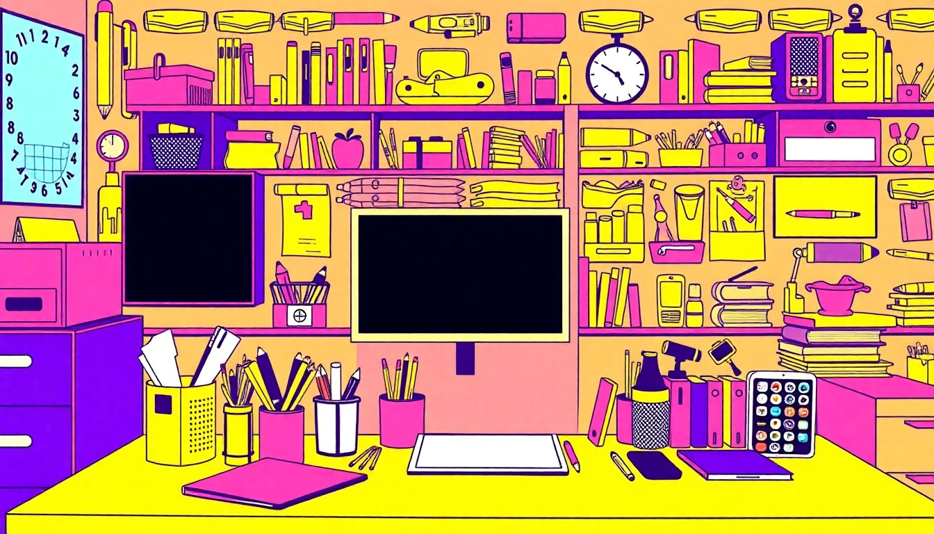 A high-contrast, silkscreen-style grid of brightly colored educational supplies and tools, representing the hands-on, career-focused approach of CTE teachers like Hope Mauney.