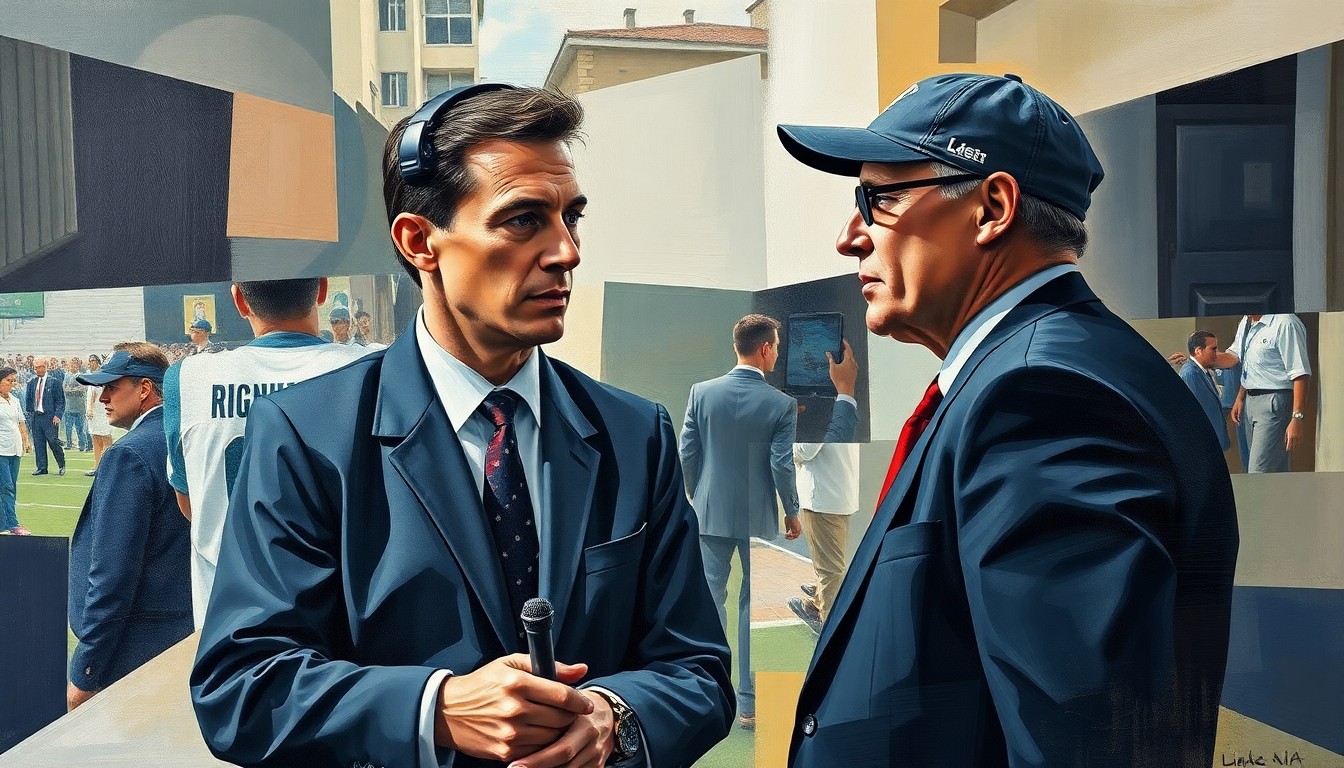 A cubist, geometric painting depicting fragmented, overlapping shapes and planes that suggest the blurred lines between a sports reporter and coach in an ambiguous setting, conceptually representing the ethical challenges of personal proximity in journalism.