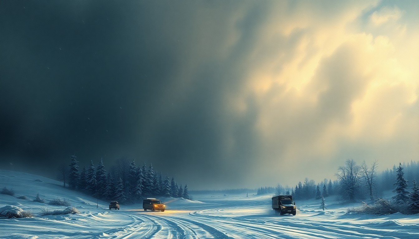 A sweeping, atmospheric landscape painting in muted tones of grey, white, and blue, depicting a massive, swirling winter storm dominating the scene and dwarfing any visible structures or objects, conveying the raw power and sublime scale of the extreme weather conditions.