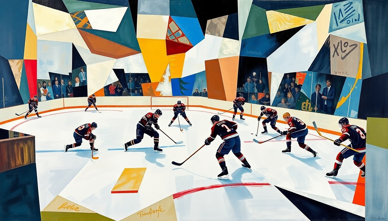 A fractured, multi-perspective painting depicting a hockey game, with the players and ice broken down into sharp, overlapping geometric shapes and planes of color, capturing the intensity and movement of the sport.