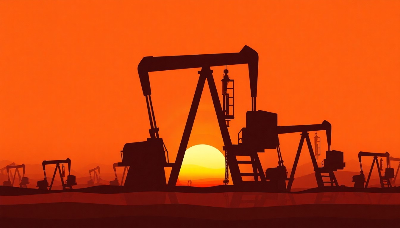 A vibrant, abstract painting featuring an oil derrick silhouette repeated in overlapping, fractured geometric shapes in warm earth tones, conceptually representing the tension between energy development and environmental preservation.