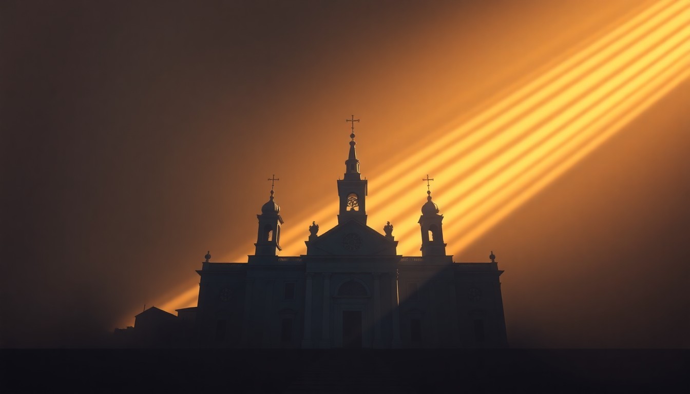A serene, painterly image of a Catholic church or cathedral, its ornate architecture and stained glass windows casting warm, dramatic shadows across the scene, conveying a sense of spiritual contemplation and pastoral service.
