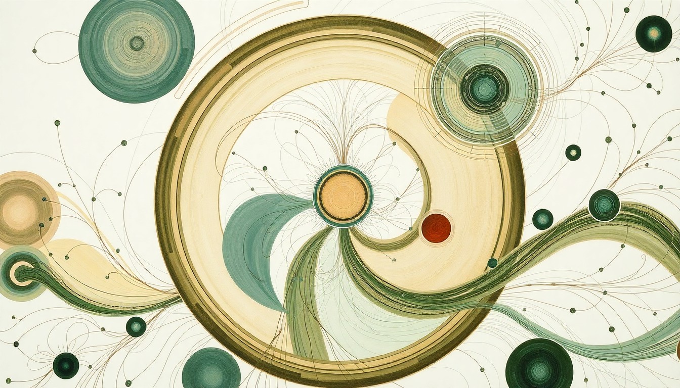 A highly textured, abstract painting in earthy tones of green, brown, and blue, featuring sweeping geometric arcs, concentric circles, and precise botanical spirals, conceptually representing the complex neural networks and learning processes of a lab-grown brain organoid.