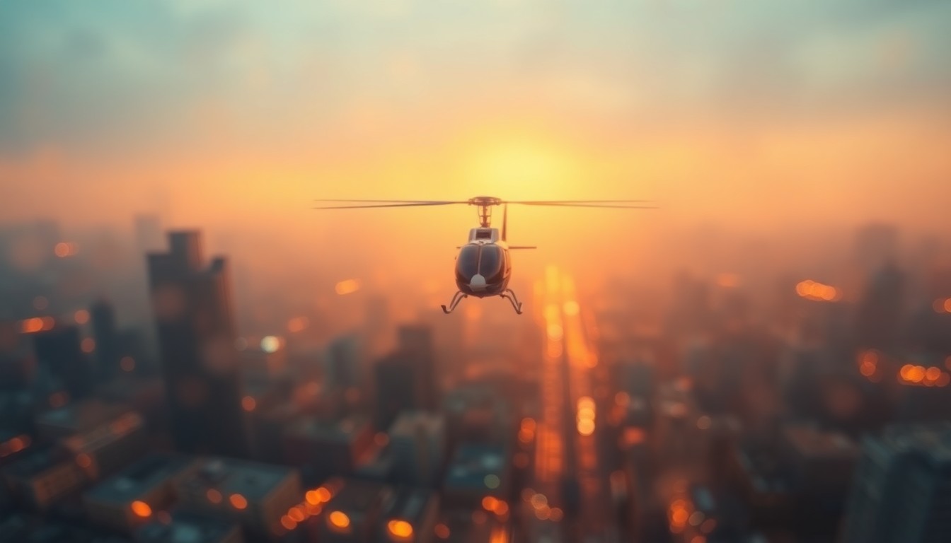 An abstract, impressionistic photograph showing the blurred outline of a helicopter hovering over a hazy, out-of-focus cityscape, with soft, warm pools of color and light creating a dreamlike, atmospheric scene that evokes the hidden complexities of urban maintenance.