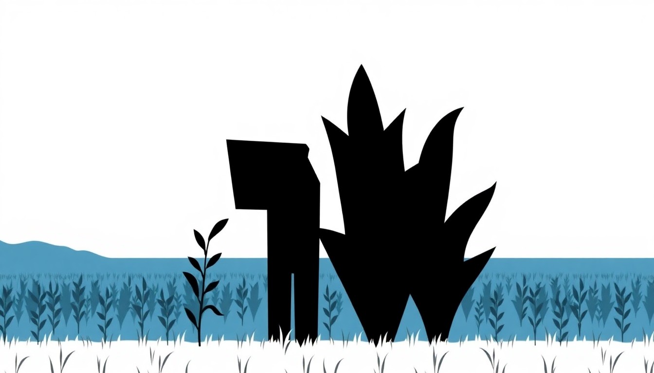 A minimalist illustration composed of overlapping triangles and rectangles in shades of blue, green, and red, conveying the economic pressures facing soybean farmers through an abstract visual metaphor.