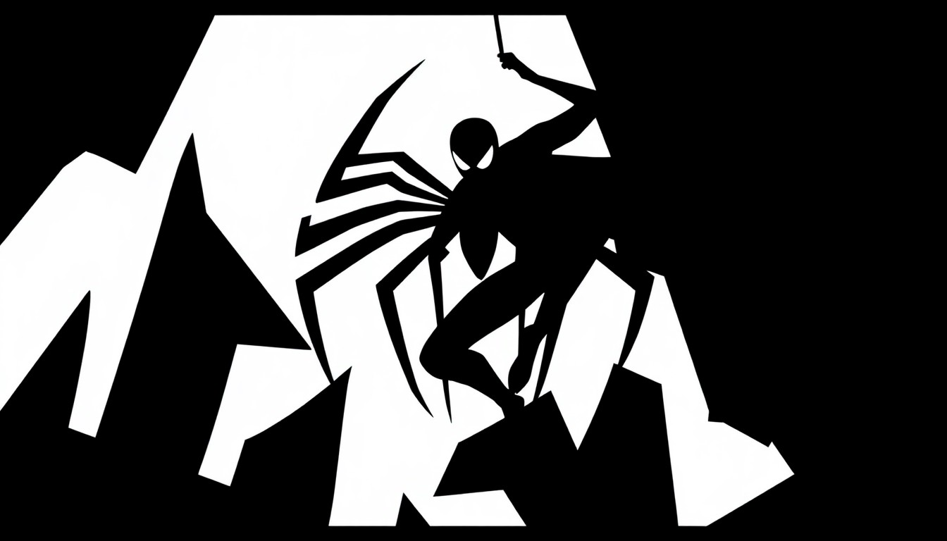 An abstract, minimalist illustration featuring a striking black silhouette of the iconic Spider-Man symbol, conveying the sense of a new direction for the character's story.