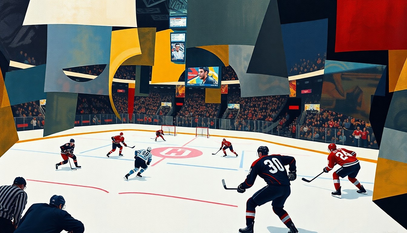 A cubist, geometric painting depicting a hockey game in abstract, overlapping shapes and planes of color, conveying the disruption and challenge faced by the Penguins due to the injury.