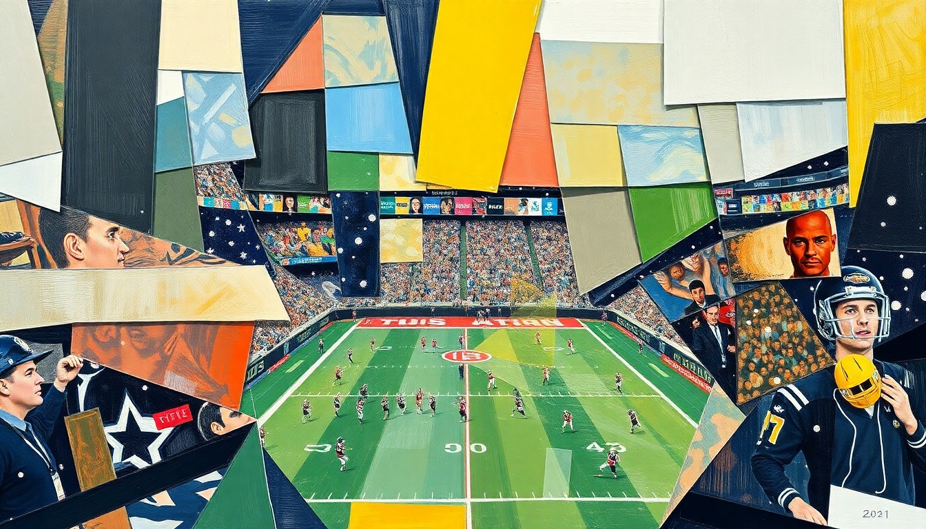 A cubist-style painting depicting fragmented and overlapping geometric shapes in shades of blue, green, and orange, representing the complex interplay of NFL team strategies, coaching connections, and league rules.