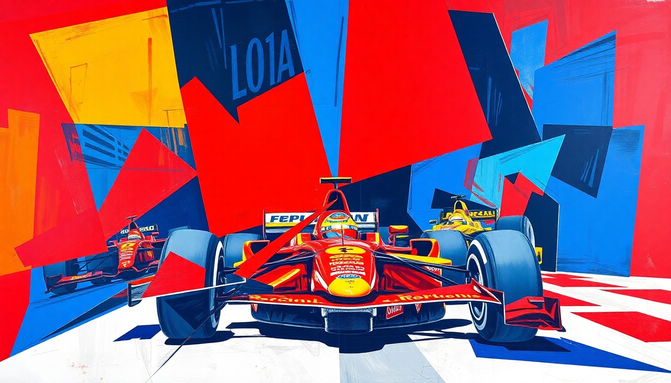 A cubist, geometric painting depicting a Formula 1 race, with overlapping planes of color and form capturing the dynamic energy of the sport.