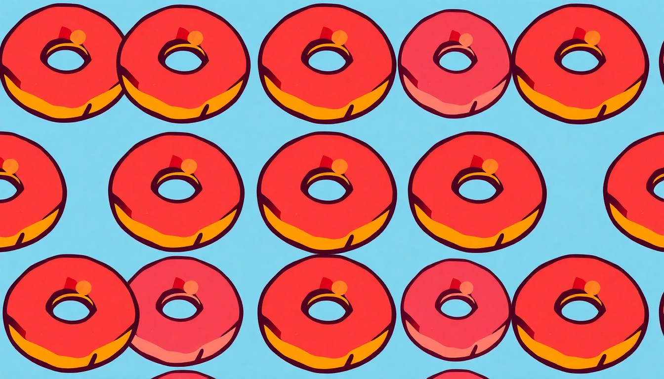 A brightly colored, high-contrast silkscreen print of a single, iconic donut repeated in a tight grid pattern, utilizing flat, vibrant, and unnatural neon color palettes overlapping with heavy black photographic outlines to turn the everyday donut into modern pop art, conceptually representing the beloved status of Christy's Donuts within the San Jose community.