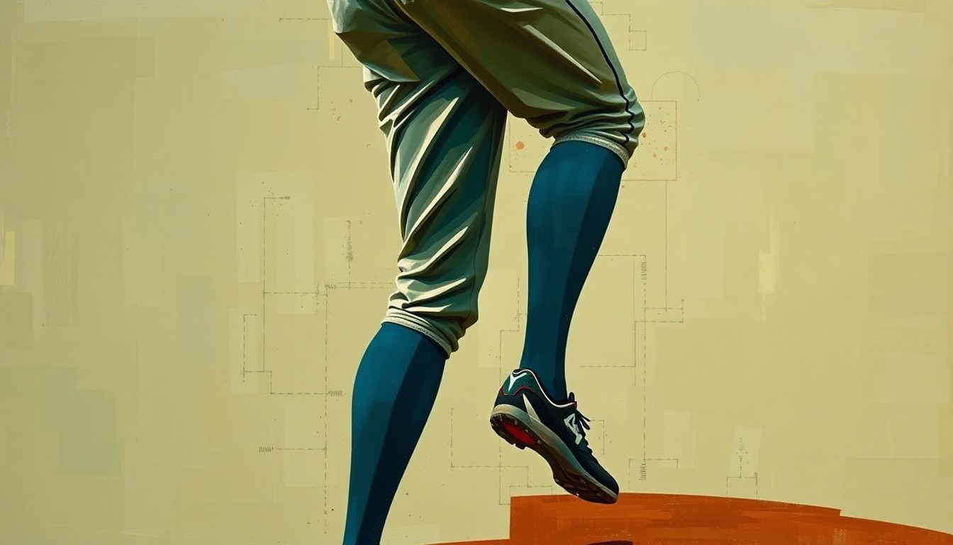 A fractured, geometric painting depicting a baseball player's lower body in motion, with sharp, overlapping planes of muted earth tones and flashes of bright color suggesting the tension and energy of the sport.