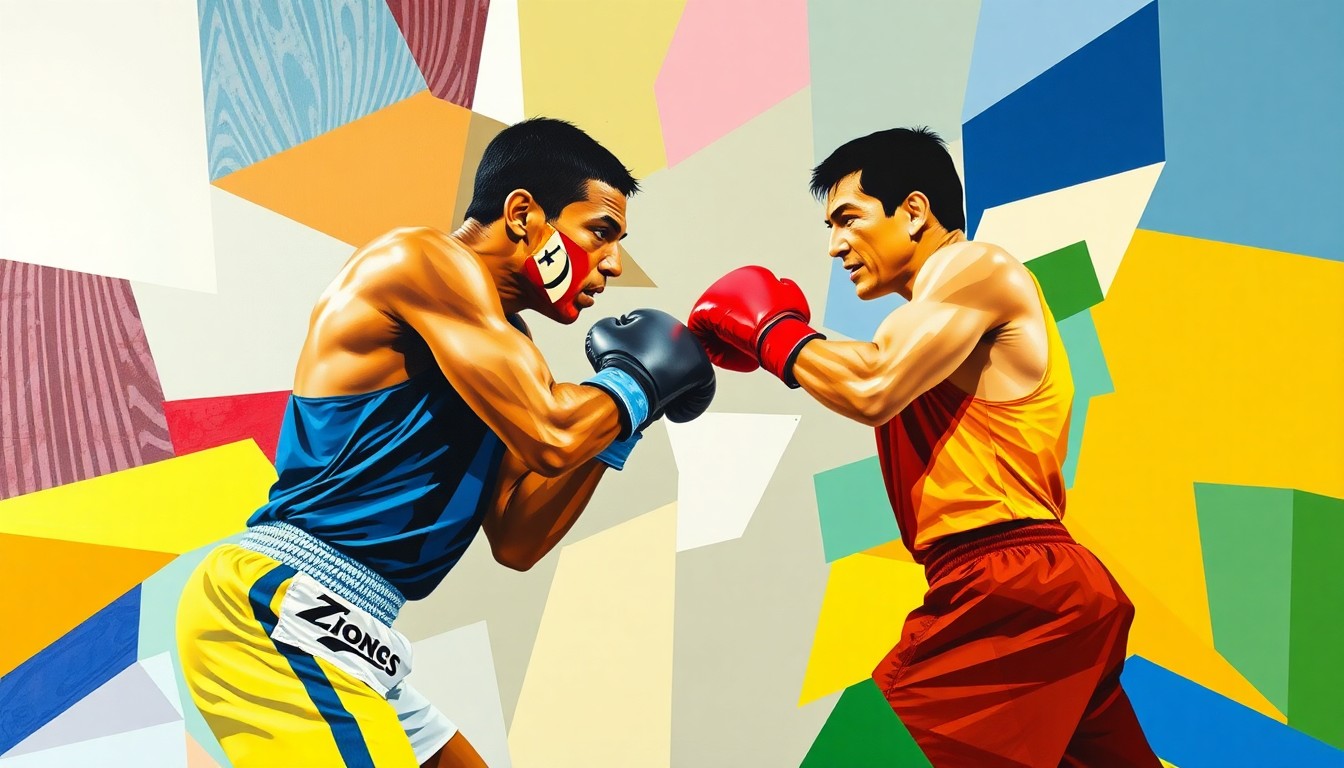 A fragmented, geometric painting depicting an abstract boxing match, with sharp planes of color representing the official team colors of the fighters involved in the title controversy.