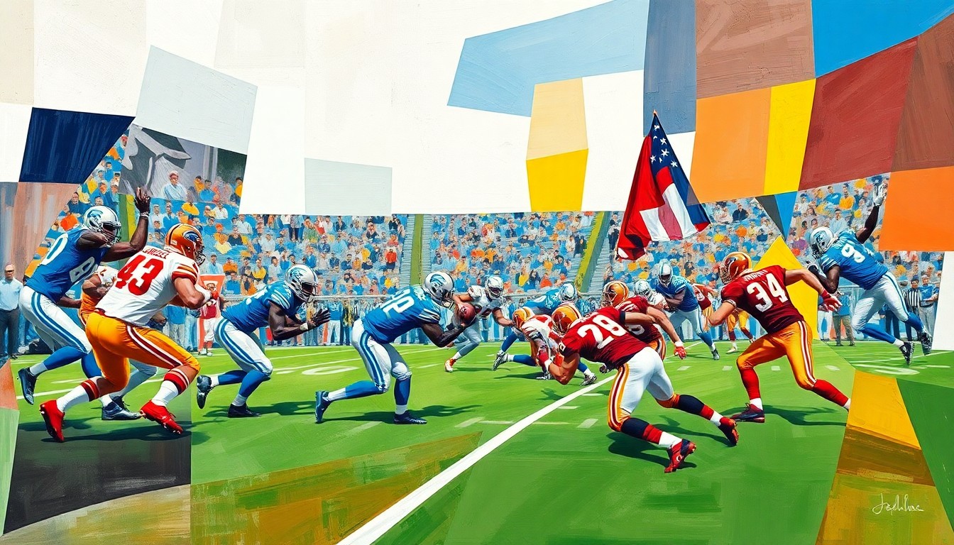 A cubist, geometric painting depicting a Detroit Lions football game, with players and the field broken down into abstract shapes and colors, capturing the strategic complexity and raw energy of the sport.