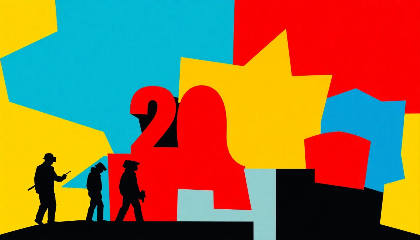 An abstract, geometric composition of bold, jagged shapes in high-contrast colors, representing the influential TV shows that defined the 2000s.
