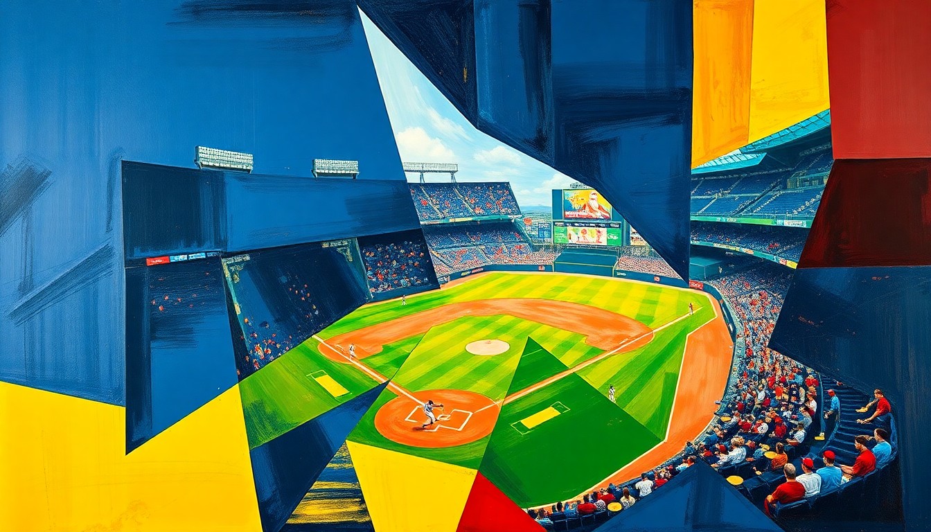 A cubist, geometric painting depicting a baseball game or match, with sharp, overlapping planes of color representing the dynamic action and strategy of the sport.