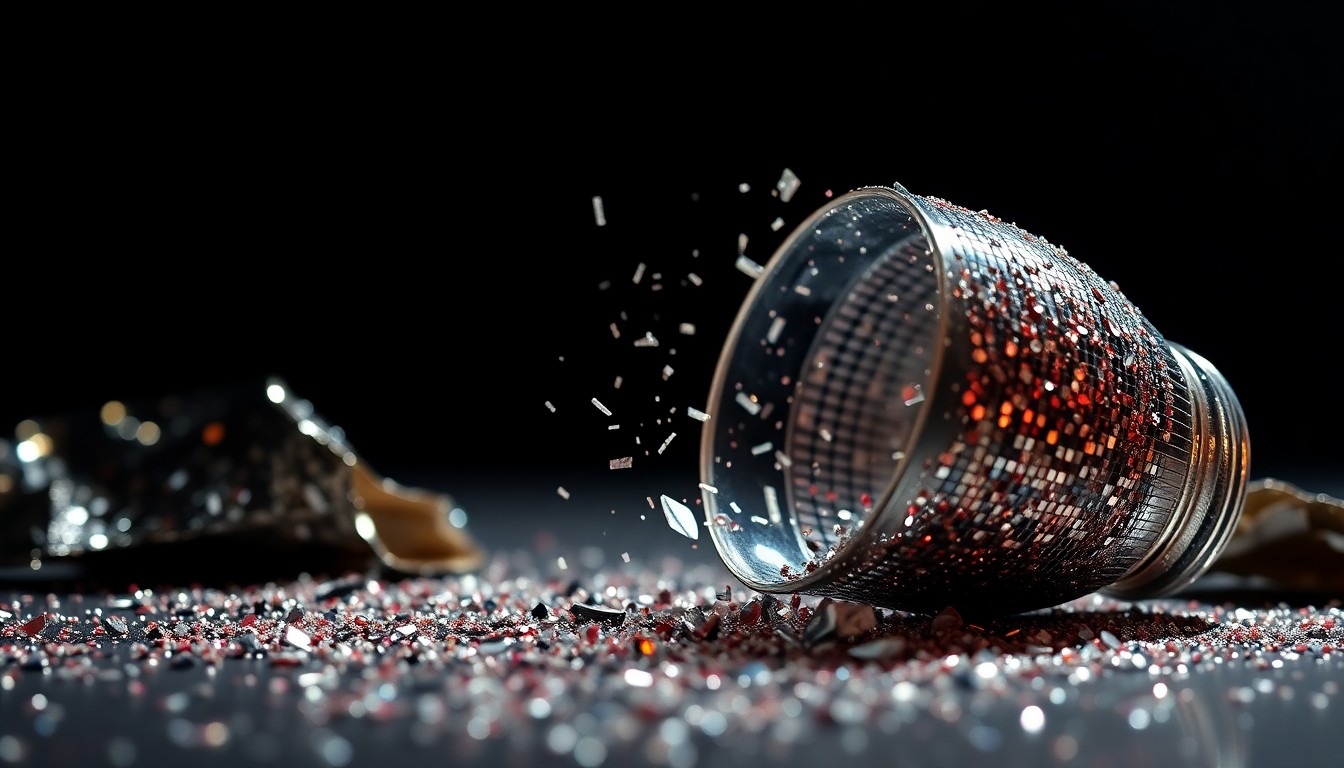 An abstract close-up image of luxurious, glittering textures like sequins and shattered glass, conveying a sense of high-fashion glamour and underlying tension.