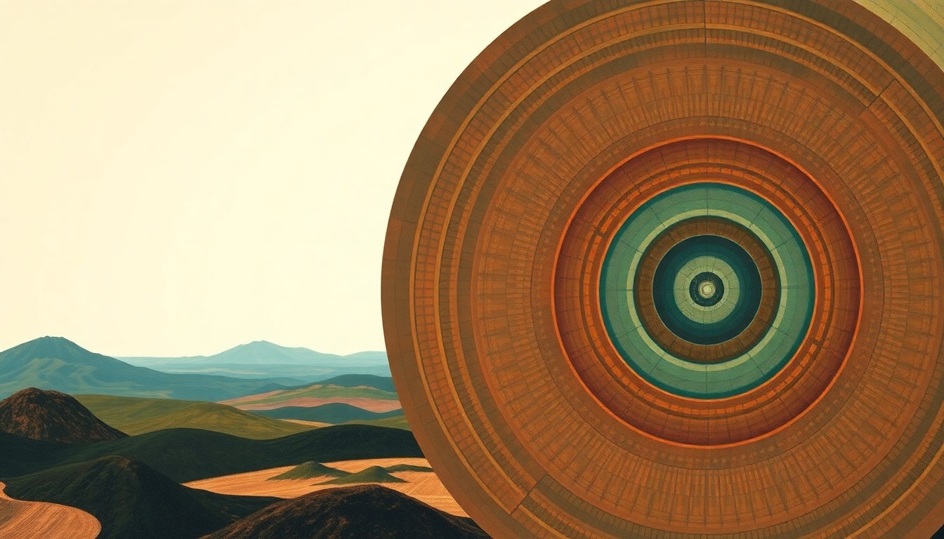 A highly structured abstract painting in soft, earthy tones depicting sweeping geometric arcs, concentric circles, and precise botanical spirals, conceptually representing the complex heat island effects of AI data centers on the local environment.