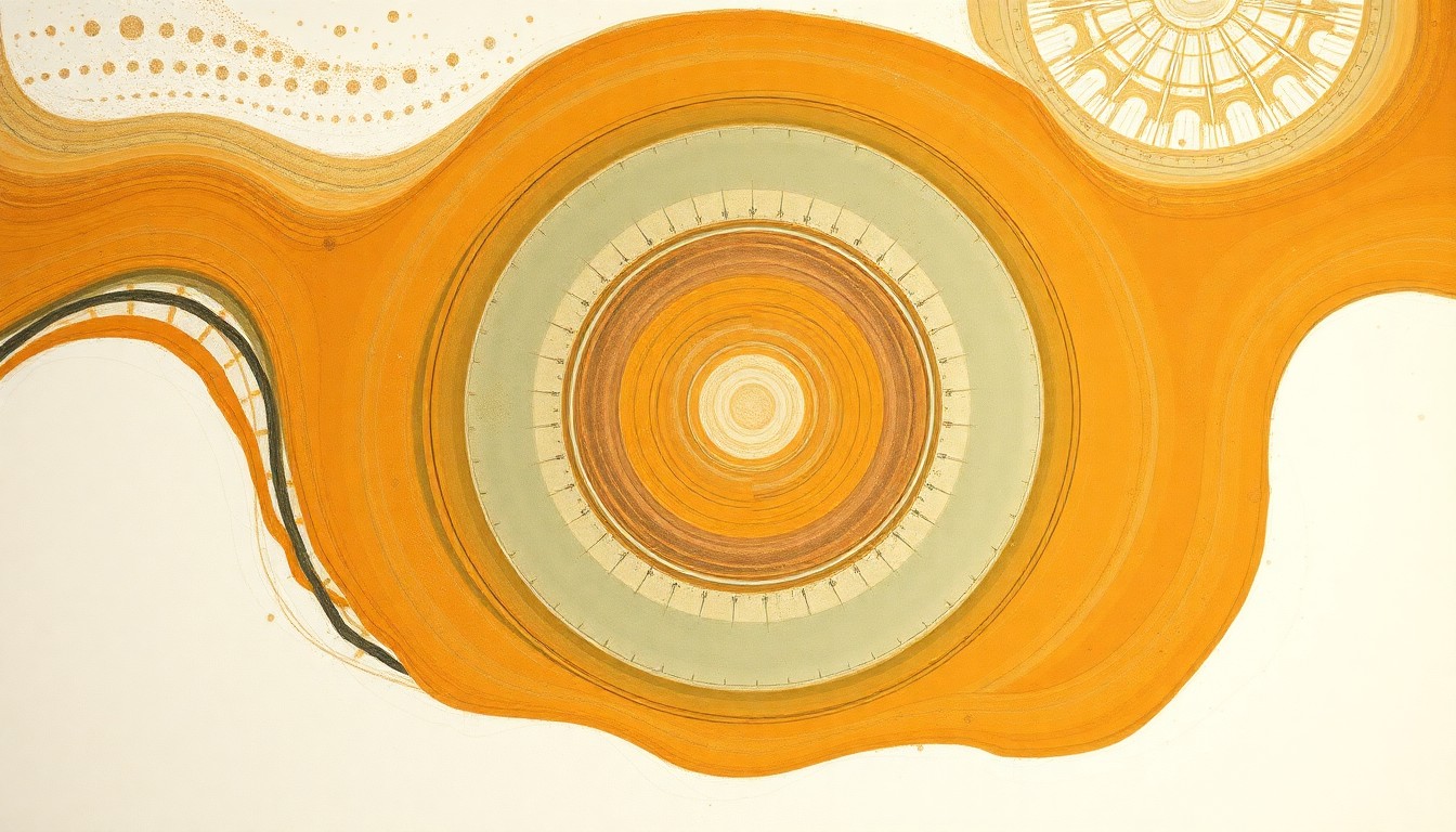 A bold, abstract painting in muted earth tones depicting sweeping geometric arcs, concentric circles, and precise spiral forms, representing the intricate geological processes that shaped the Great Unconformity over billions of years.