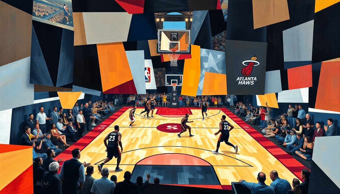 A cubist-style painting depicting a basketball game between the Atlanta Hawks and Miami Heat, with the players and court rendered in a fractured, geometric style that captures the dynamic energy of the matchup.