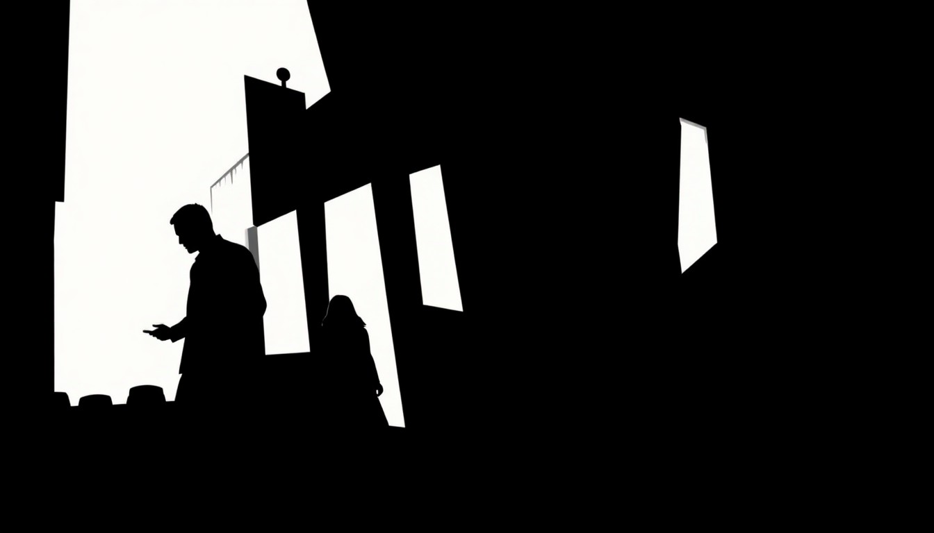 A striking black and white abstract composition featuring jagged, angular shapes and silhouettes, conveying the emotional intensity and moral ambiguity of the Emmerdale storyline.