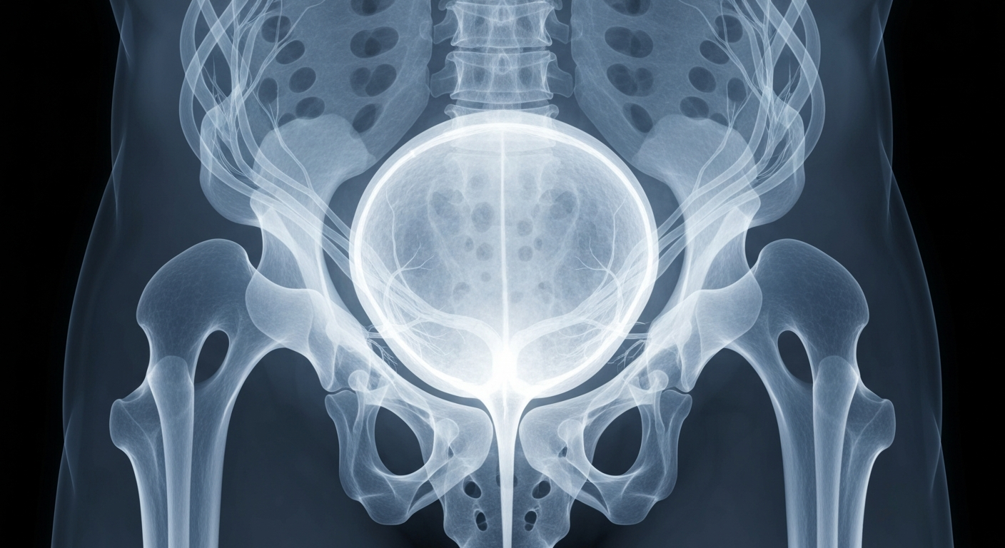 A translucent X-ray-style image revealing the intricate internal structures of the human bladder and surrounding pelvic region, conveying the complex neurological systems involved in bladder control.