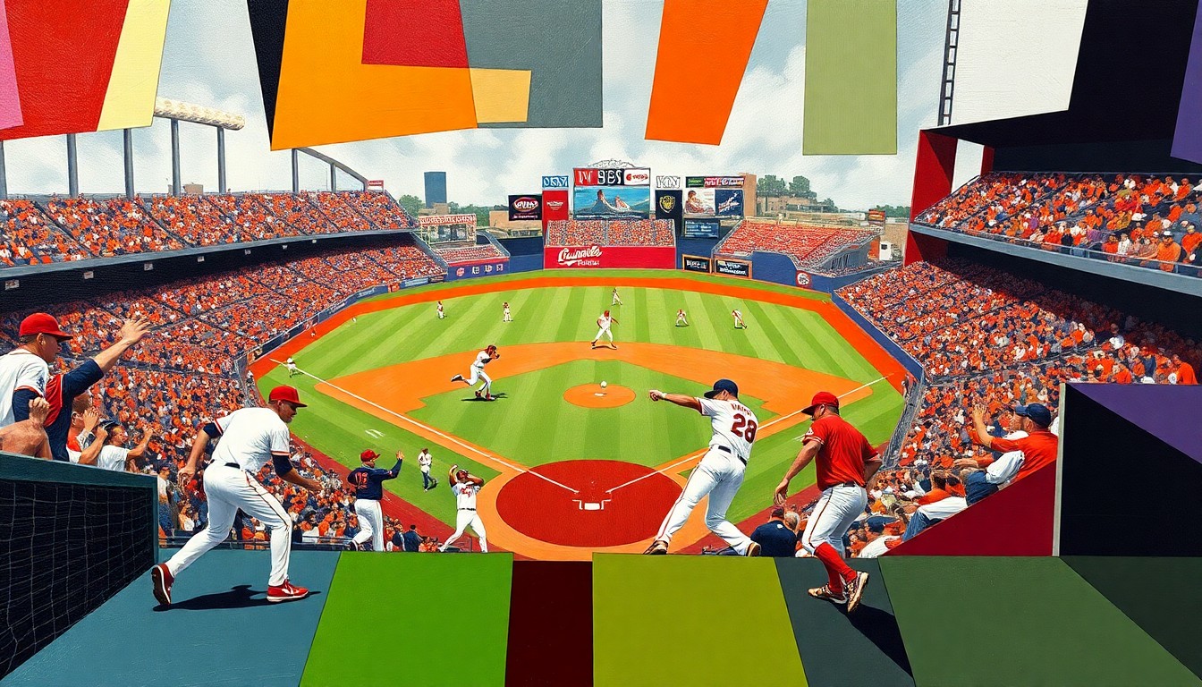 A cubist, geometric painting depicting a baseball game between South Carolina and Clemson, with the players' movements and the field's dynamics broken down into sharp, overlapping planes of color.