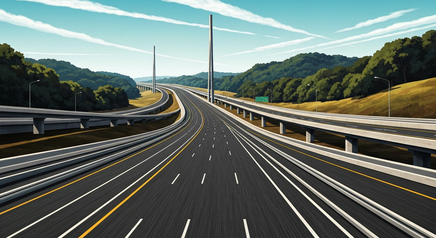 A highly stylized, geometric illustration depicting the sweeping curves and towering scale of the Pennsylvania Turnpike, conveying the sense of motion and grandeur of the highway without any literal depiction of people, buildings, or text.
