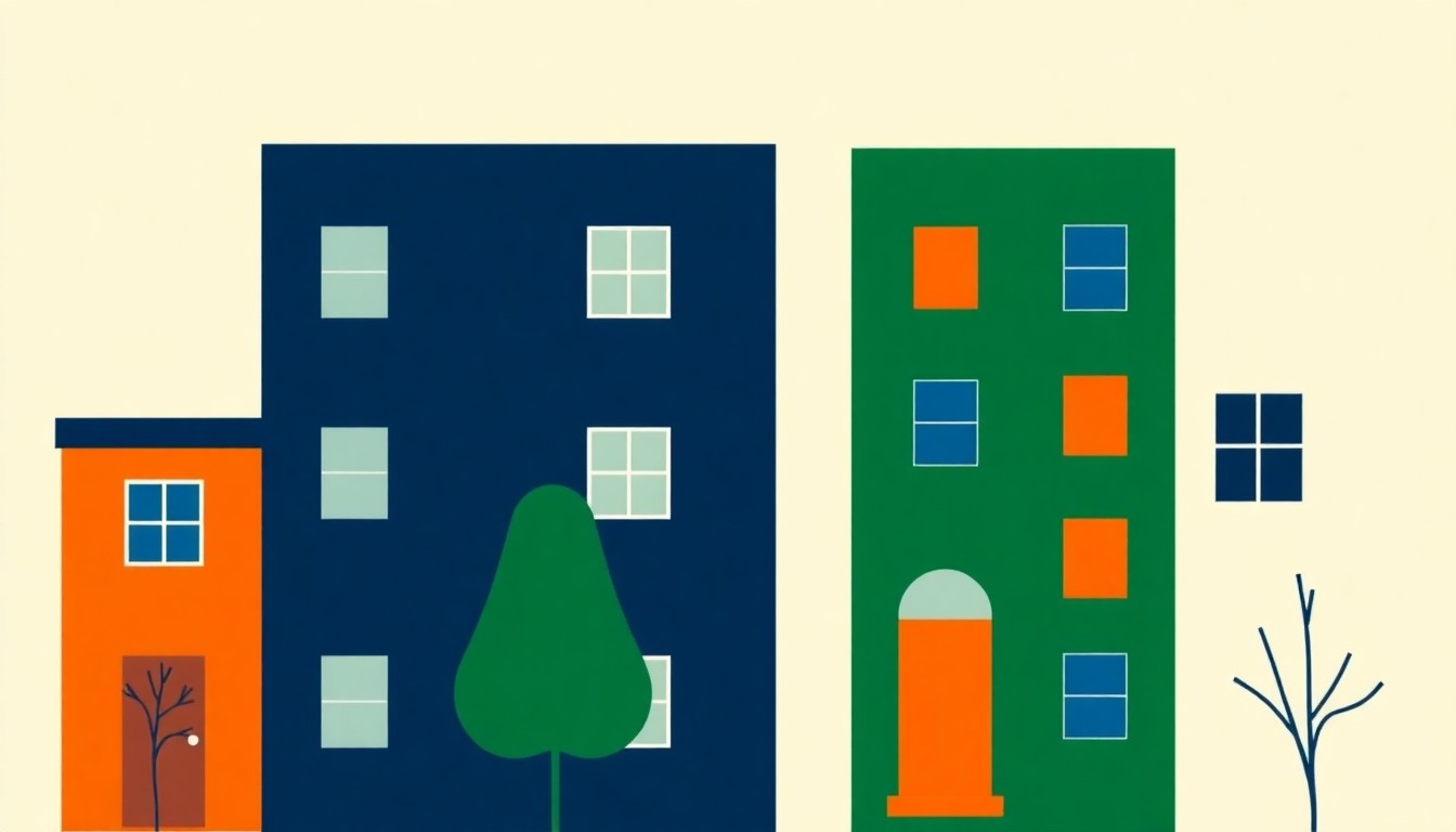 A minimalist illustration featuring overlapping geometric shapes in navy blue, forest green, and burnt orange, conceptually representing the high cost of renting in the Washington DC metropolitan area.