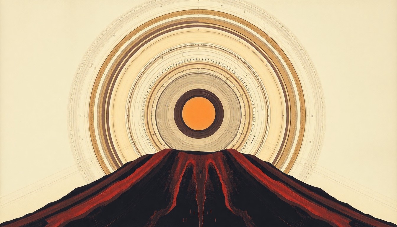 A bold, abstract painting in soft earth tones depicting the complex geological forces and volcanic processes that have shaped Kīlauea over centuries, with sweeping geometric arcs, concentric circles, and precise spirals conveying the structural order and cyclical nature of the volcano's eruptions.