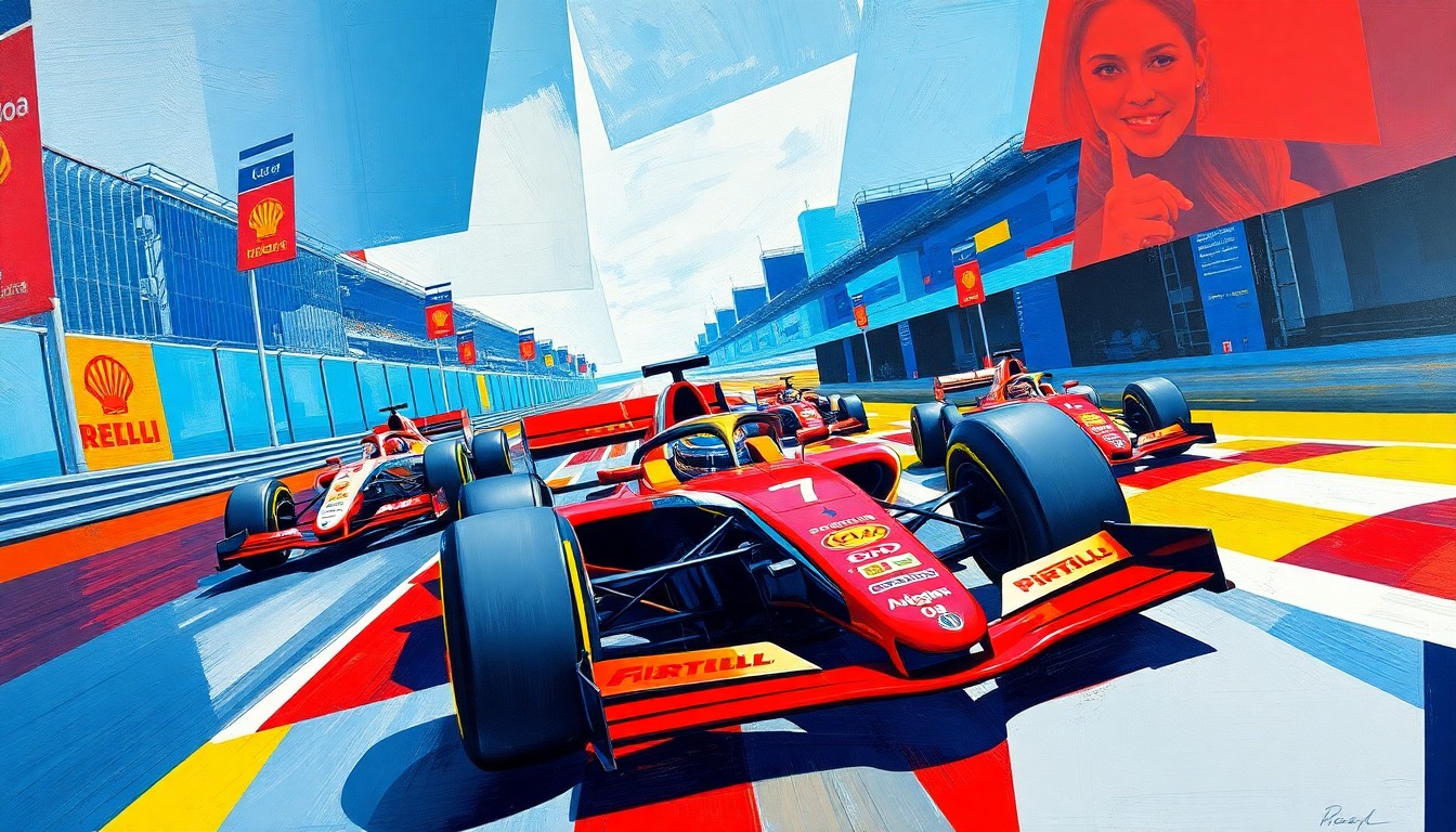 A cubist, geometric painting depicting a Formula 1 race, with sharp, overlapping planes of vibrant colors representing the speed and intensity of the sport.