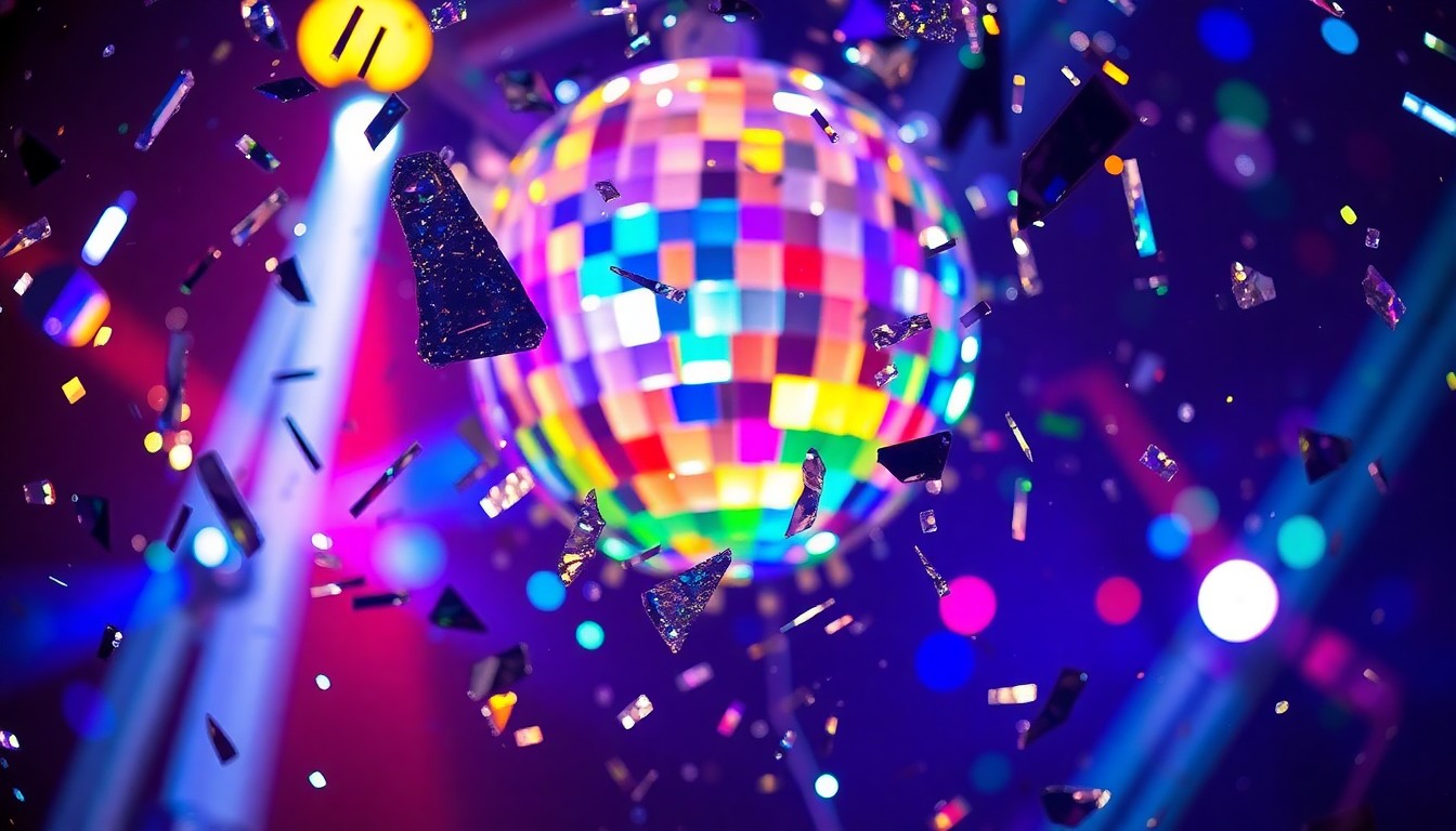 An abstract close-up image of shimmering, reflective disco ball fragments illuminated by colorful stage lights, conveying the vibrant, high-energy atmosphere of a music festival afterparty.