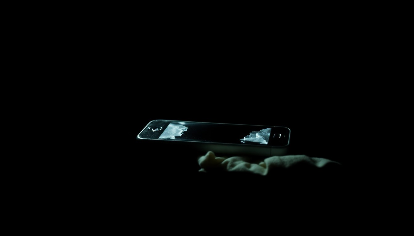 An extreme close-up photograph of a cracked and damaged cell phone screen, lit by a harsh flash against a dark background, conceptually representing the mystery and investigation surrounding Passion Schurz's death.