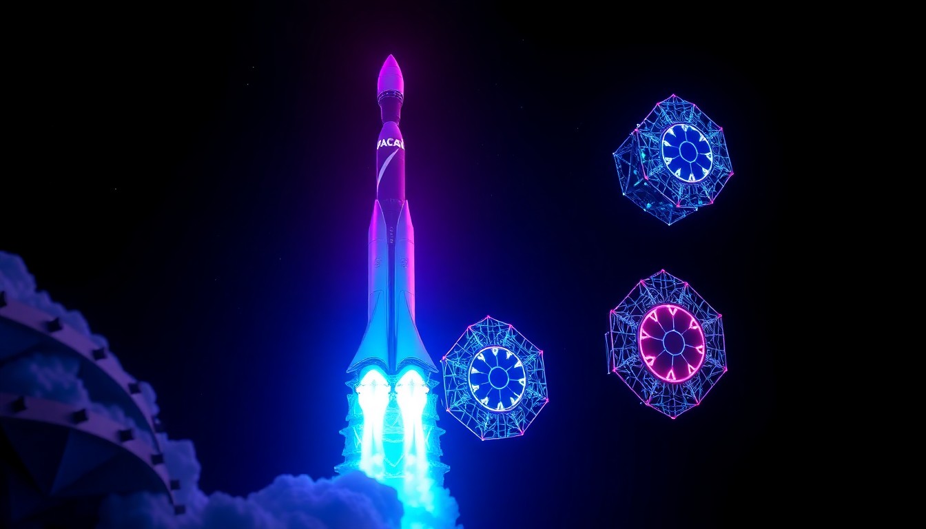 A highly detailed, glowing 3D illustration of a Falcon 9 rocket launching a payload of Starlink satellites into the night sky, with neon cyan and magenta lights illuminating the rocket's structure and the satellites' intricate designs, conceptually representing the technological innovation and global connectivity of the Starlink project.