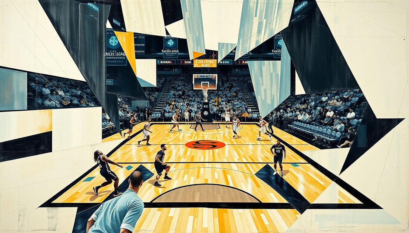 A fragmented, abstract painting in the style of Pablo Picasso, featuring sharp, overlapping geometric shapes and planes that represent the players and court of a college basketball championship game, conveying the dynamic energy and strategic execution of the winning team.