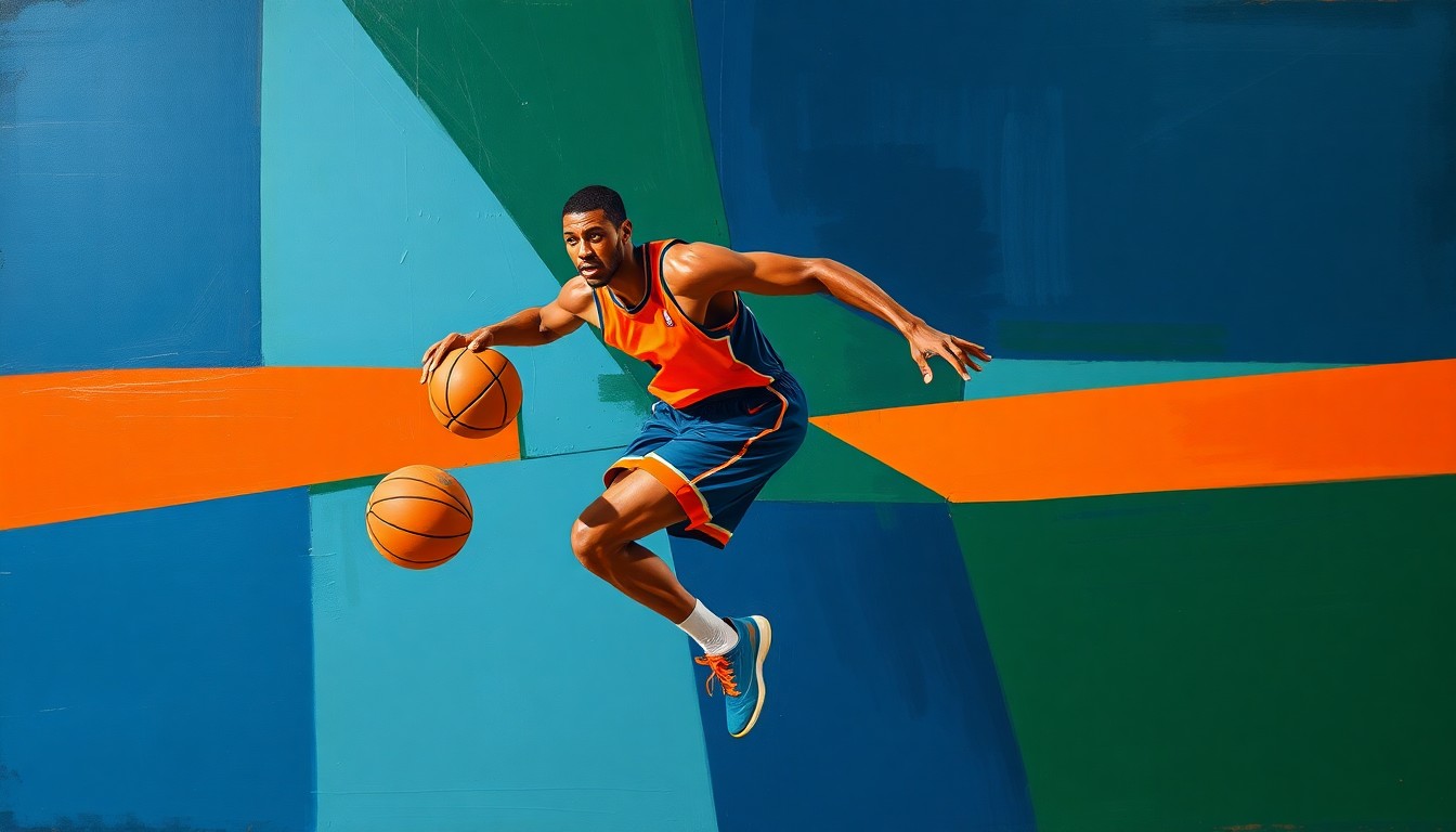 A fragmented, cubist-style painting depicting a basketball player in motion, with their body broken down into sharp, angular geometric shapes in a palette of deep blues, greens, and oranges, conveying the dynamic energy and high stakes of the NBA playoffs.
