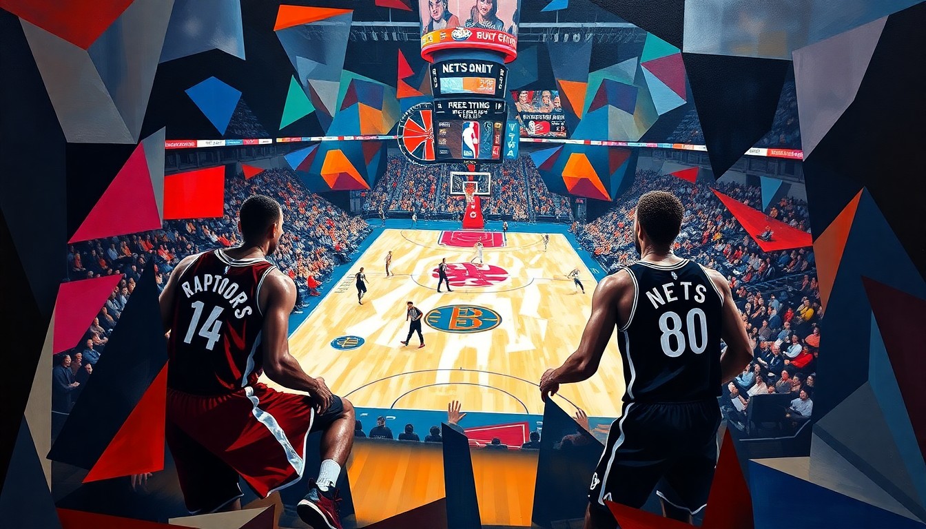 A fragmented, geometric painting depicting a basketball game between the Toronto Raptors and Brooklyn Nets, with the players' forms abstracted into angular, colorful shapes and the court and arena fading into the background, conveying the energy and movement of the game.