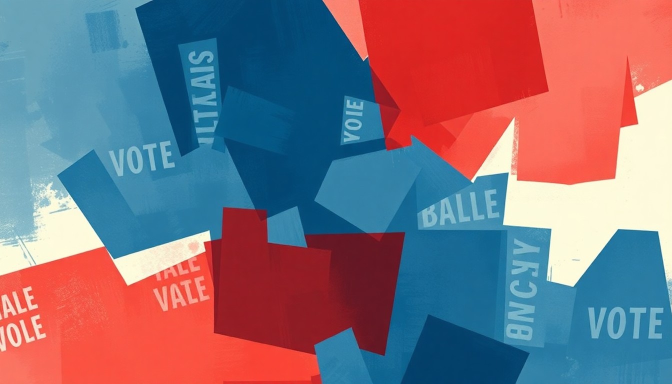 A fractured, overlapping geometric painting in shades of blue, red, and grey, depicting a stylized ballot box or voting machine, conveying the sense of a divided and contested political process around the issue of voter ID.