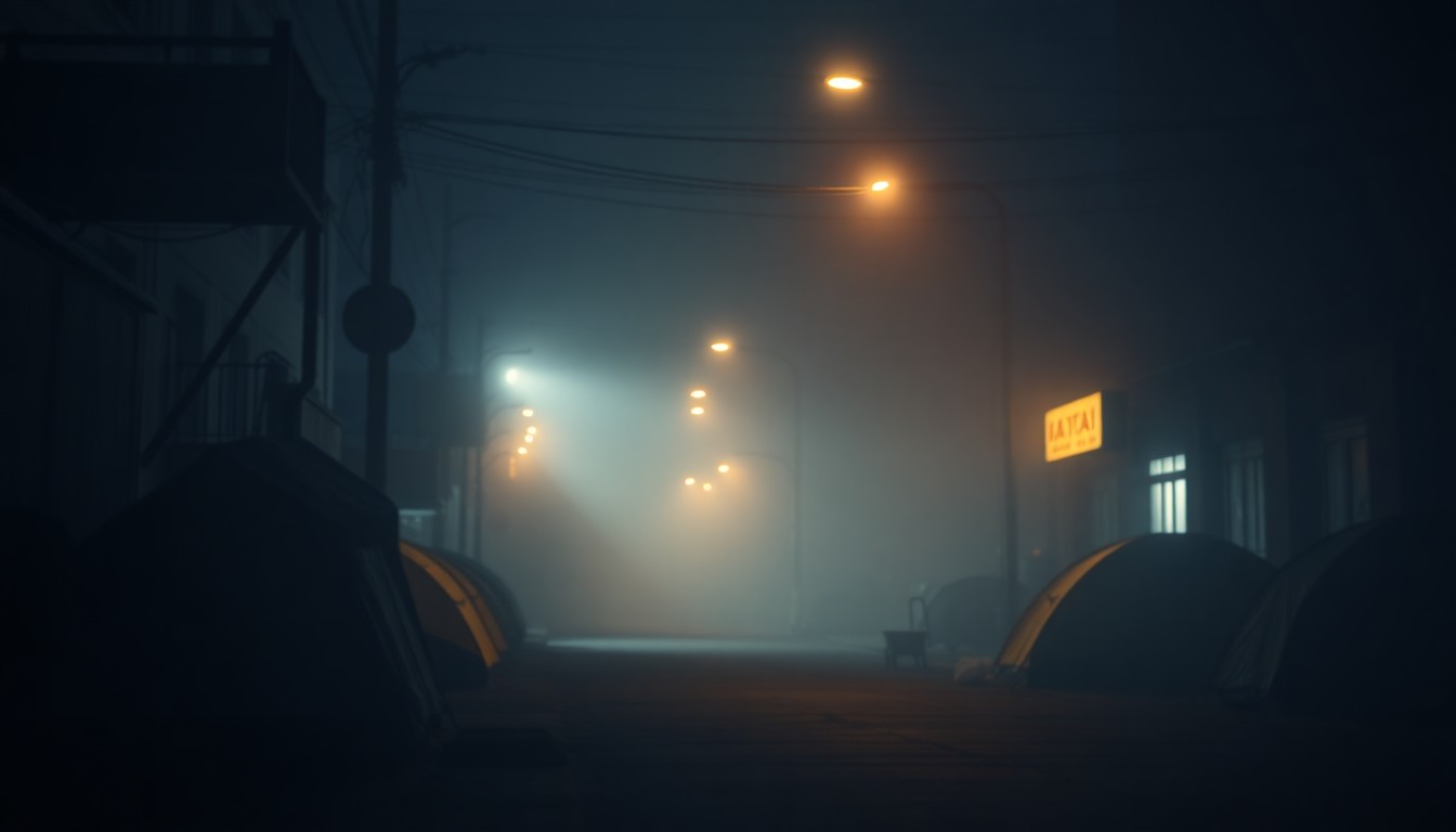 An abstract, out-of-focus photograph depicting the dim outlines of tents and makeshift shelters on a city street, conveying a sense of uncertainty and melancholy surrounding the issue of homelessness.