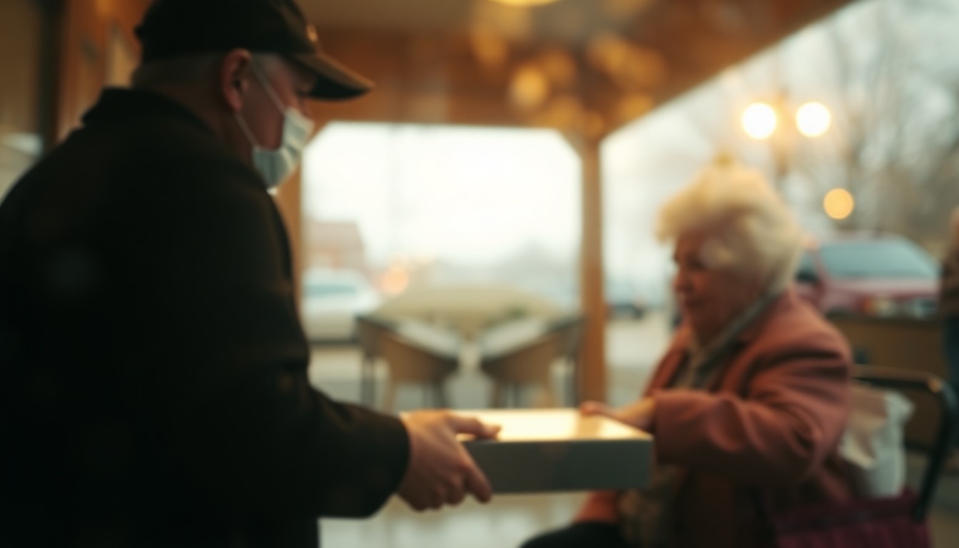 An abstract, out-of-focus photograph depicting a warm, blurred scene of a senior citizen receiving a meal delivery from a Meals on Wheels volunteer, conveying the emotional impact of these community-based services.