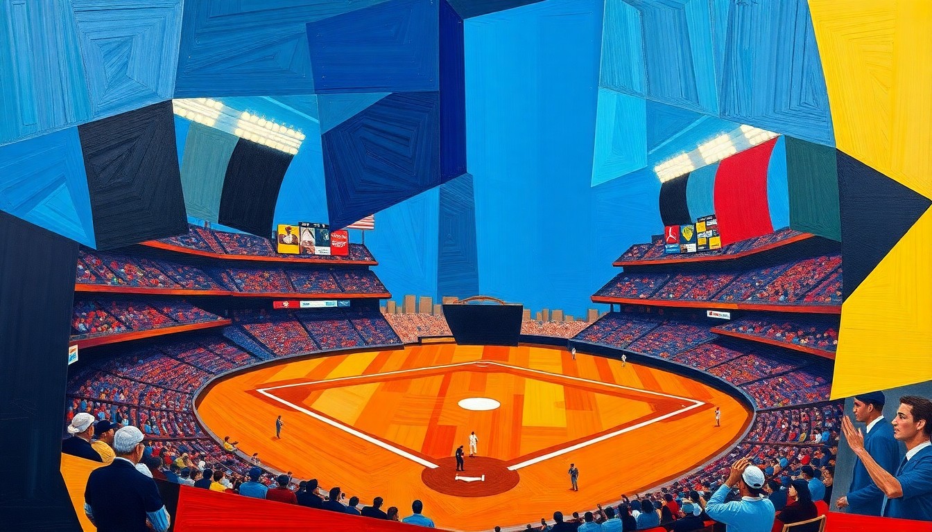 A cubist-style painting featuring overlapping geometric shapes and planes in navy, red, and yellow, capturing the energy and movement of a baseball game in an abstract, deconstructed manner.