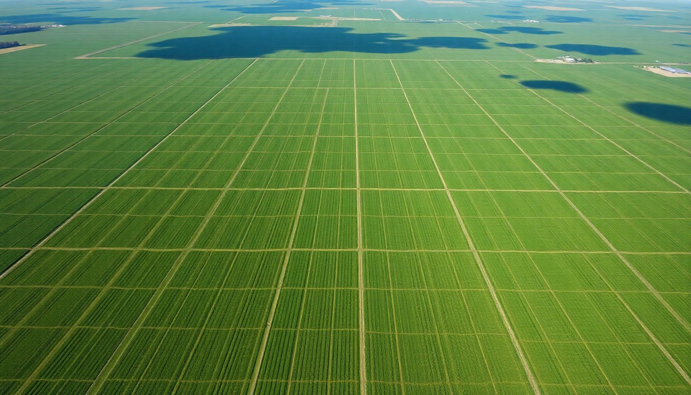 An aerial view of a vast, geometric patchwork of soybean fields, illustrating the scale and repetition of industrial agriculture while hinting at the economic challenges facing these family-owned farms.
