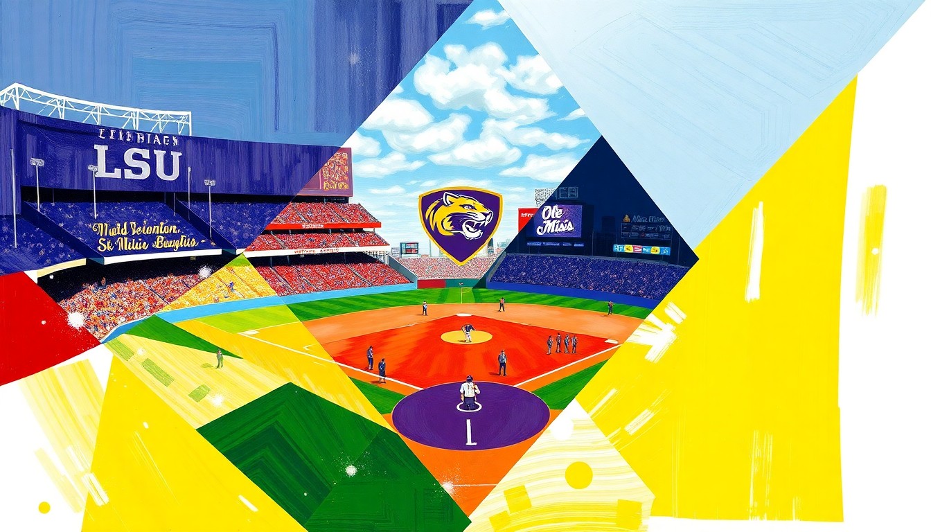 A cubist, geometric painting in the colors of LSU and Ole Miss, depicting the fragmented action of a college baseball game through overlapping planes and shapes.