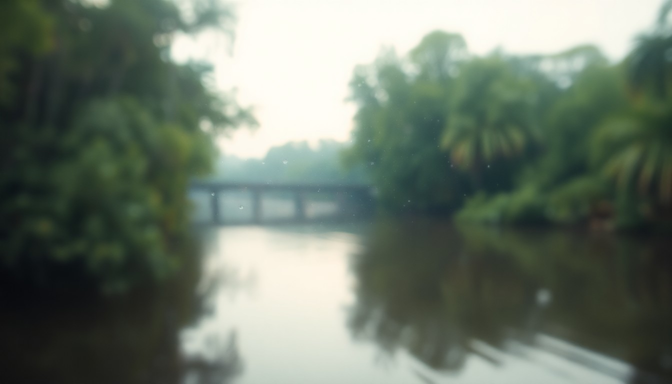 An extremely blurred, impressionistic photograph depicting a lush, natural landscape with the outline of a winding canal visible through the hazy, rain-streaked glass. The image conveys a sense of the canal's peaceful, serene setting that is threatened by the prospect of nearby development.