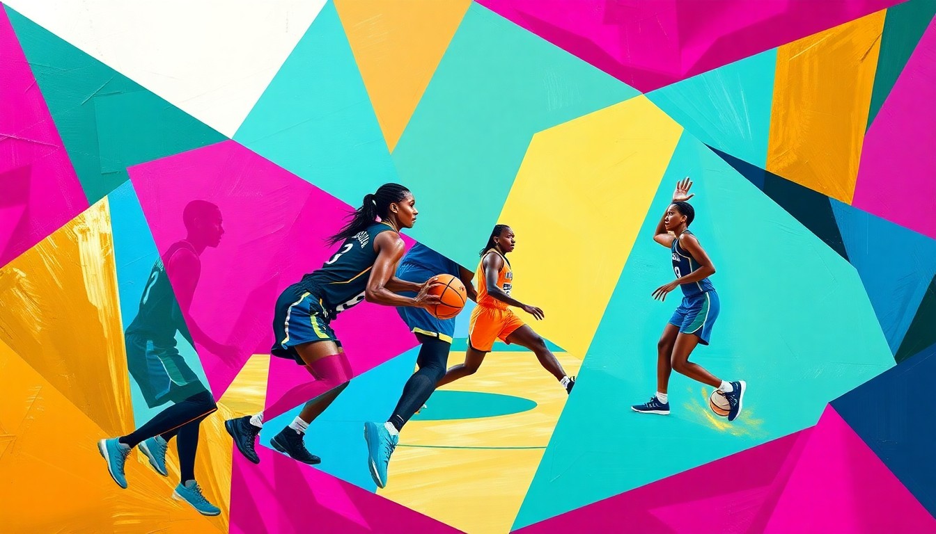 A cubist, geometric painting depicting a WNBA basketball game, with the players' forms deconstructed into abstract, angular shapes in a vibrant color palette, conceptually representing the seismic shifts in the league's power dynamics.