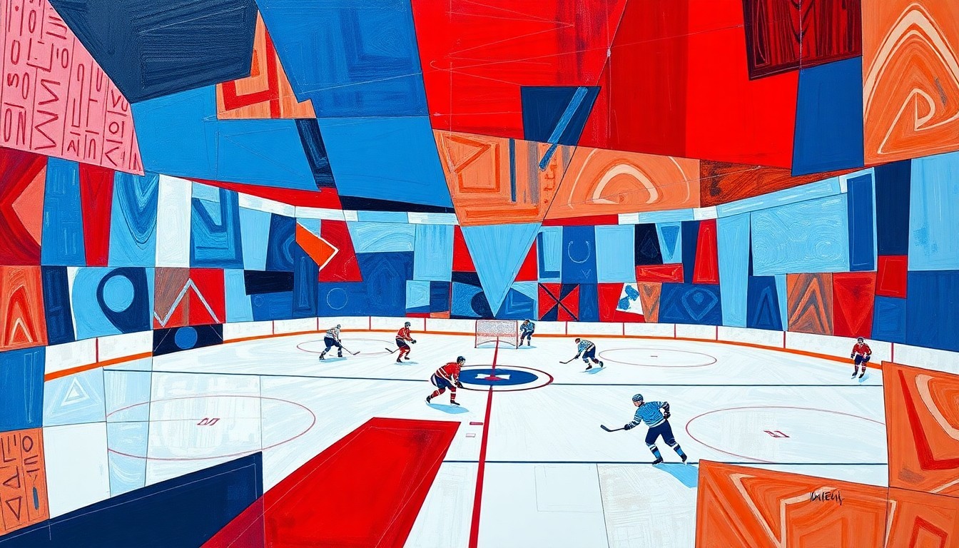 A fragmented, geometric painting in shades of blue, red, and white, depicting the chaotic final seconds of a hockey game with overlapping shapes and perspectives, conveying the high-stakes drama of the playoff race.