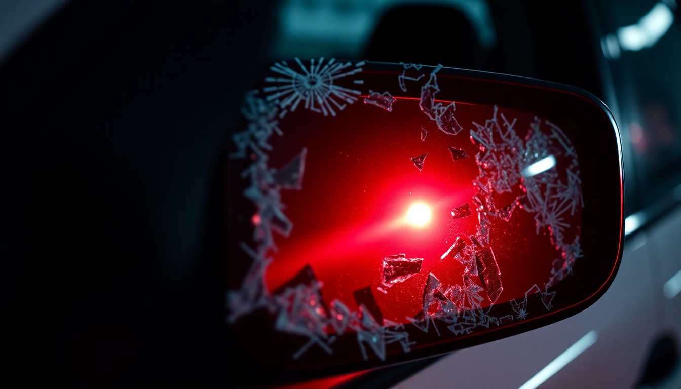 An extreme close-up of a shattered car side mirror reflecting a faint red light, conceptually representing the aftermath of a violent attack on a celebrity's vehicle.