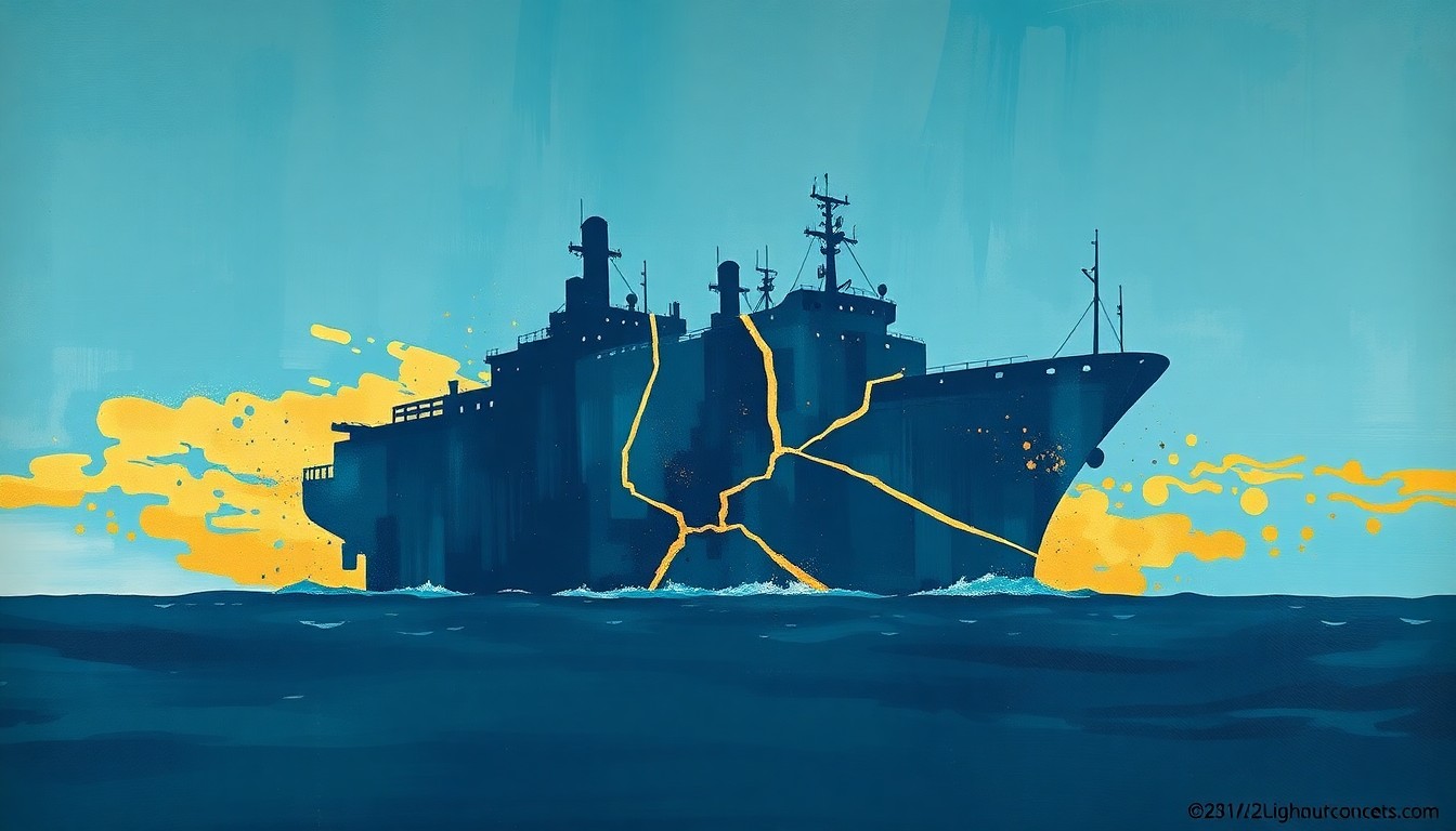 A vibrant, abstract painting featuring overlapping, fractured shapes in shades of blue and gold, conceptually representing the uncertainty and disruption in the Strait of Hormuz.